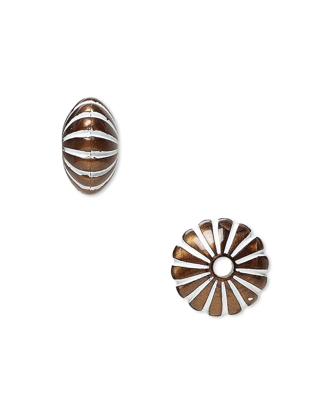 Vintage 80s Bronze White Lines 14X8 Corrugated Rondelle Acrylic Beads 10 pcs